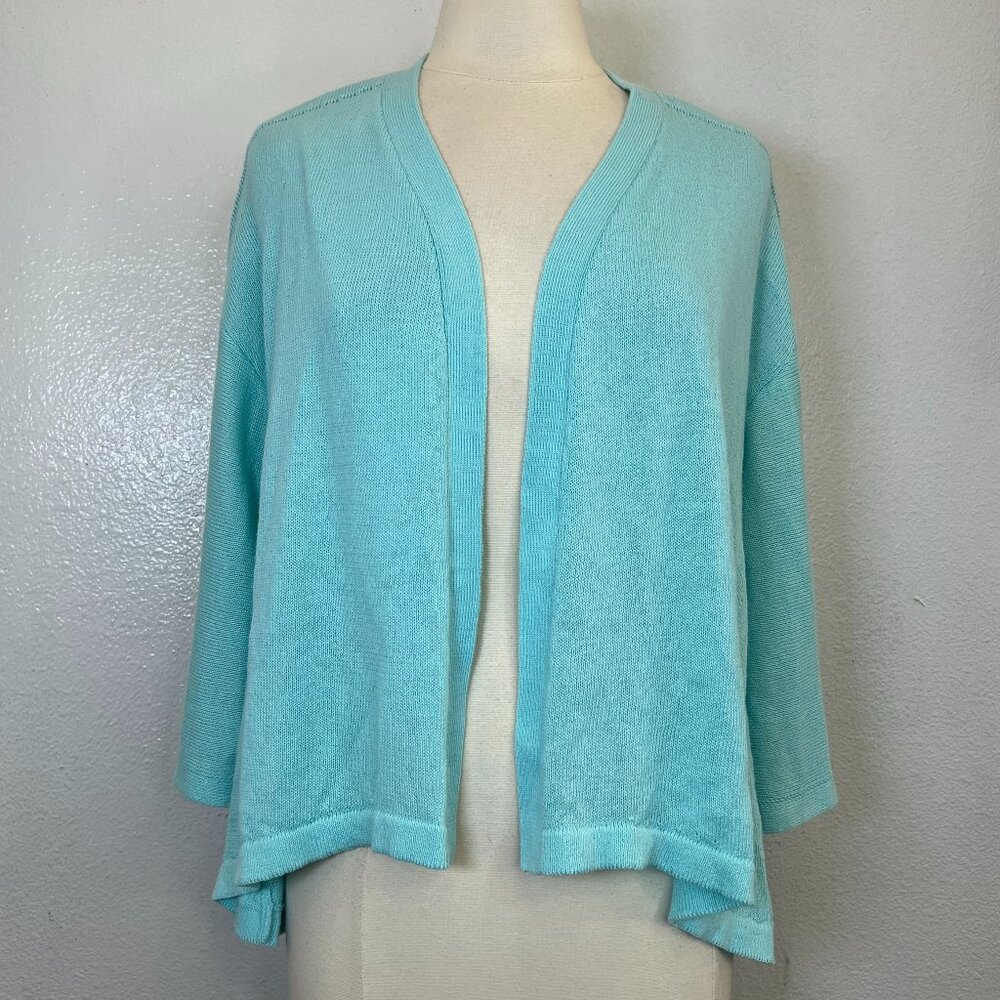 Soft Surroundings Linen Blend Open Front Knit Sweater Shrug Cardigan Blue Size P
